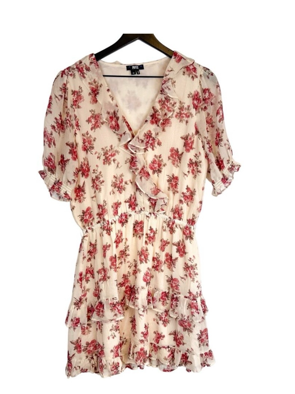 Paige 100% Silk Floral Blouson Mini Tiered Ruffled Dress Cream Red - M